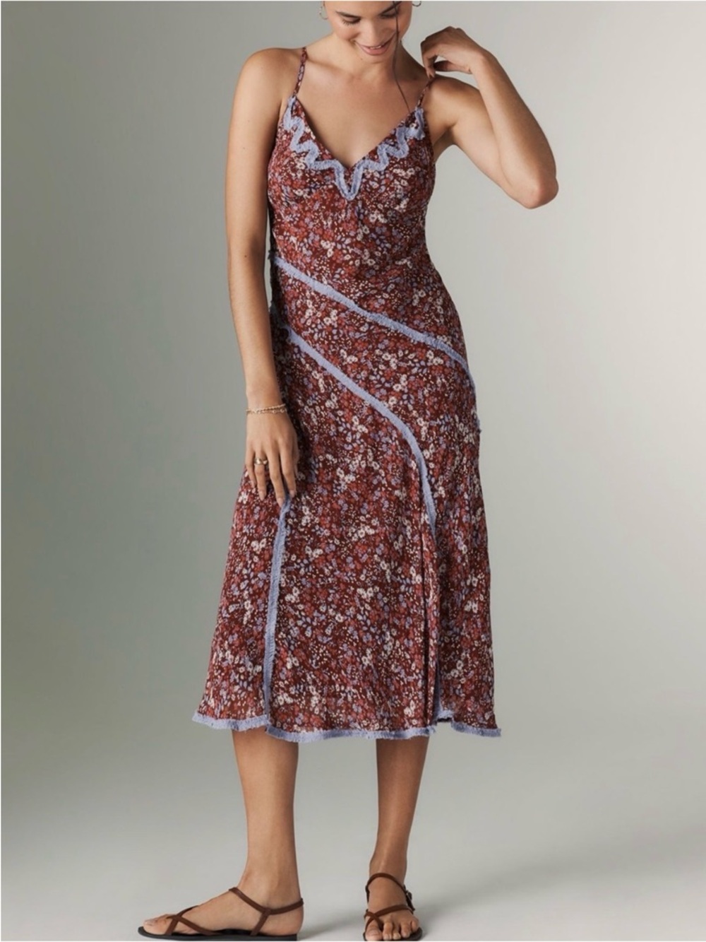 Anthropologie Rust Floral Sleeveless Appliqué Slip Midi Dress